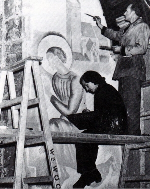 Evelyn Gibbs painting the murals at St. Martin&#039;s Church.