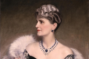 Portrait of Marjorie Merriweather Post wearing a Cartier necklace.