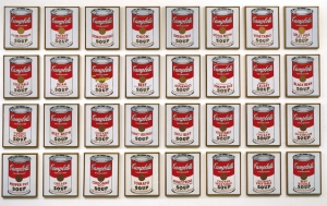 &quot;Campbell&#039;s Soup Cans&quot; (1962) by Andy Warhol. The works are synthetic polymer paint on 32 canvases, each 20 x 16&quot;. 