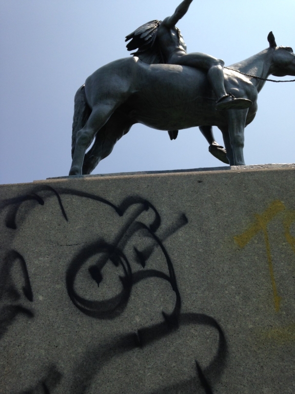 Graffiti on the Museum of Fine Art&#039;s statue &#039;Appeal to the Great Spirit.&#039;
