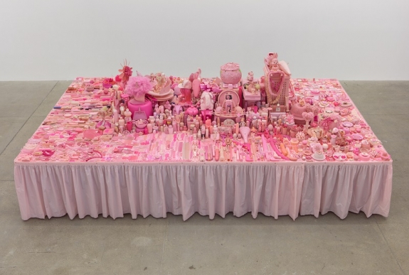 Portia Munson, Pink Project: Table 1994, found plastic, 29 ½ x 96 x 160 inches.