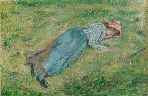 Pissarro&#039;s People “Peasant Woman Lying in the Grass, Pontoise” (1882) is in this show of his work at the Clark Art Institute in Williamstown, Mass.