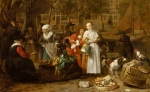 Gabriel Metsu&#039;s early works depict rustic or biblical scenes created in his hometown, Leiden. Once he moved to Amsterdam, he depicted more cosmopolitan scenes to meet the tastes of the city&#039;s sophisticated art market. Above, Vegetable Market in Amsterdam (circa 1657-1661).