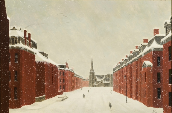 Winter in Boston [Warren Street, East of the Back Bay Station], 1952 Oil on wood panel, 11 x 16 in. Signed with initials and dated (at lower right): T. F. / 1952. Courtesy of Hirschl &amp; Adler Galleries.