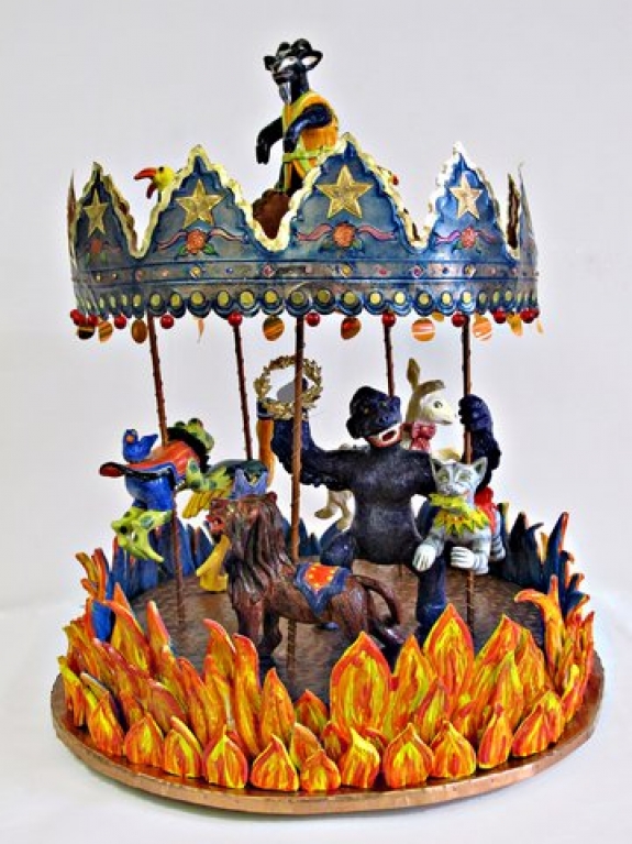 Ann Chahbandour, &quot;All Fired Up.&quot; Glazed ceramic, copper, gold leaf, paint, H. 23 x W. 22 x D. 22 inches.