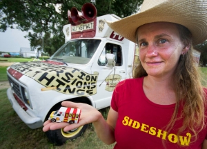 Erika Nelson, an artist from Lucas, Kan., drives the World&#039;s Largest Collection of the World&#039;s Smallest Versions of the World&#039;s Largest Things, her mobile art museum.