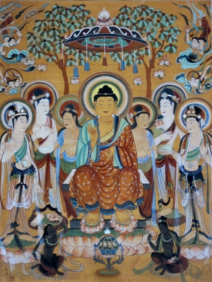 Cave mural painting of the Buddha surrounded by bodhisattvas.
