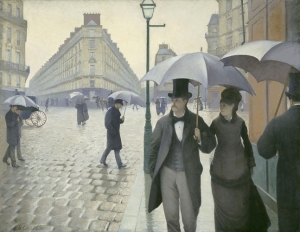 Impressionist paintings of Paris often depict a city full of sun-dappled socialites: dancing, shopping, boating and schmoozing. But for painter and art patron Gustave Caillebotte, Paris was a darker, lonelier place. His 1877 work, Paris Street; Rainy Day, shows Parisians making their way down a vast street on a dreary day. (Click enlarge to see the full painting.)