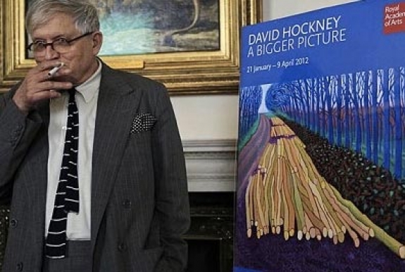 British artist David Hockney poses for photographers during a press launch for an upcoming exhibition, entitled &#039;David Hockney: A Bigger Picture&#039; by the Royal Academy of Arts, in central London, Wednesday, Sept. 7, 2011