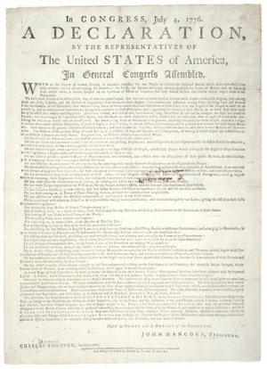 Thomas Jefferson&#039;s Declaration of Independence printed by Peter Timothy, August 2, 1776, Charleston, South Carolina.