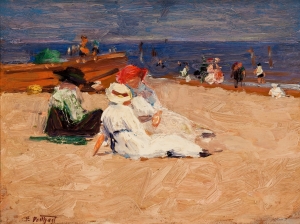Edward Potthast (1857-1927) &quot;Ladies in White Dresses,&quot; circa 1910-20s. Oil on Panel, 8 1/2 x 11 1/2&quot;, signed lower left E:Potthast. Offered by Gerald Peters Gallery.