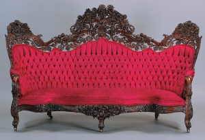 Sofa, ca. 1850, attributed to John Henry Belter (American, b. Germany, 1804–1863), New York, NY. Rosewood, rosewood laminate, and modern velvet upholstery. Milwaukee Art Museum, bequest of Mary Jane Rayniak in memory of Mr. and Mrs. Joseph G. Rayniak. M1987.16.