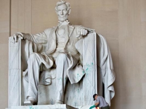 National Park Service workers cleaned the Lincoln Memorial following the attack.