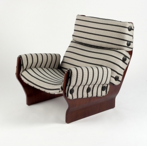 Osvaldo Borsani for Tecno, Italy. Canada chair, 1965. Rosewood panels and vintage Italian upholstery fabric, H. 32, W. 31, D. 32, Seat H. 15 1/2 inches.
