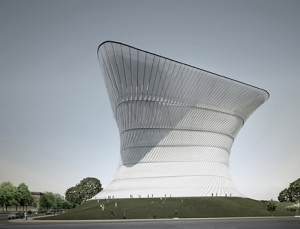 An architectural rendering of the Soumaya Museum. The Mexico City-based museum, a stretched, twisted aluminum &quot;cube&quot;, will house the art collection of Mexican billionaire Carlos Slim. 