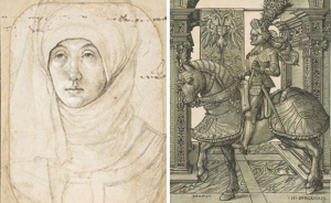 L: Hans Holbein the Elder&#039;s &#039;Portrait of a Woman,&#039; circa 1508; R: Hans Burgkmair I and Jost de Negker&#039;s &#039;Emperor Maximilian I on Horseback,&#039; 1508/1518. 