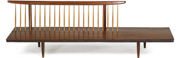 George Nakashima (1905–1990), fine early Conoid bench, Nakashima Studio, New Hope, PA, 1961. East Indian laurel, hickory, walnut. Signed with client name. 30 x 96 x 30 inches. Provenance: Copy of original invoice and order form. Estimate: $25,000–30,000.