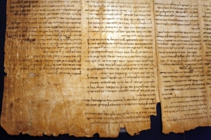 A part of the Isaiah Scroll, one of the Dead Sea Scrolls, inside the vault of the Shrine of the Book building at the Israel Museum. 