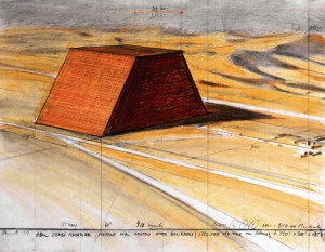 Christo, Abu Dhabi Mastaba (Project for United Arab Emirates) Drawing, 1977, 22 x 28 inches. Pencil, wax crayon, pastel and charcoal.