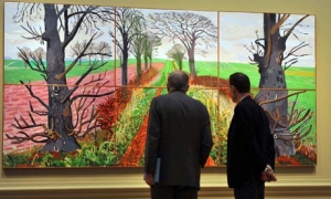 Artist David Hockney, left, and BBC presenter Andrew Marr examine one of the works at the Royal Academy earlier this month. 