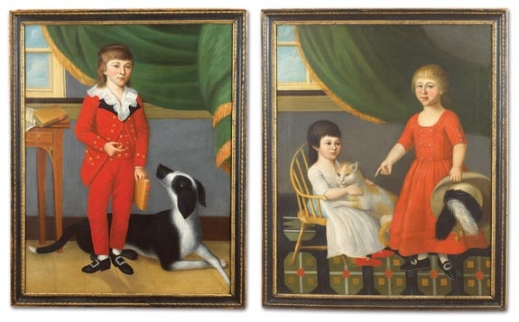 This extraordinary pair of 18th c. Philadelphia portraits of children with their pets is attributed to Charles Peale Polk (1767 – 1822), and were painted c.1790. The subjects are the children of Matthew and Ruth Hall McConnell, a prominent merchant and landowner, as can be seen by the fine furnishings in their home. Among his many achievements, Matthew McConnell, a veteran of the American Revolution, was a member of the first board of directors of the Insurance Company of North America; a founding member of the Philadelphia Board of Brokers, the predecessor organization of the Philadelphia Stock Exchange; an original member of the Hibernia Society of Philadelphia; and served the Cincinnati. He was a good friend of Robert Morris and served as one of the auditors of his estate. The paintings descended in the family along with another painting by Polk, George Washington At Princeton, which later was given to the CIGNA Museum and Art Collection along with a portrait of Matthew McConnell by Thomas Sully. Extensive family history and documentation accompany the paintings. Oil on Canvas,  52” x 40”;  50 1⁄2” x 40”. In what appear to be the original carved and gilded 18th c. frames.