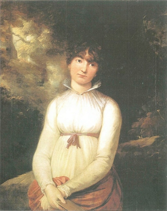 The original painting "Pauline in a white dress in front of a summery tree scenery," often attributed to Phillip Otto Runge.