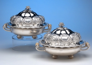 Pair of English Sterling Silver Muffin or Breakfast Dishes with Ivory Handles, by Emes &amp; Barnard, London, 1827/28, on Antique Sheffield Plate Stands with Ivory Bun Feet.