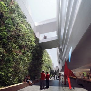 A rendering of SFMOMA&#039;s expansion with sculpture terrace and vertical garden.