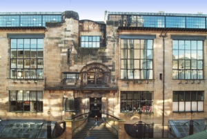Facade of the Charles Rennie Mackintosh Building at the Glasgow School of Art.