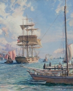 John Stobart (B. 1929) New York Shipping on the East River. Oil on canvas, 20 x 16 inches. Signed and dated 2015. Offered by Rehs Galleries.