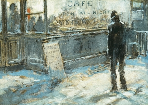 All Night Café, c. 1900, Pastel, watercolor, and probably graphite on gray paper mounted on board, 9-7/8 x 13-5/16 inches, Signed and inscribed on reverse: Everett Shinn / (Hungry) Restaurant on the Bowery / Price 80.00 net