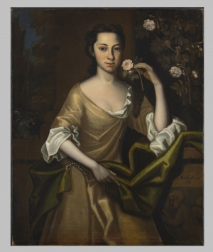 Portrait of Frances Parke Custis, Attributed to the Brodnax Limner (n.d.), Williamsburg, Virginia, vicinity, circa 1722. Oil on Canvas, 37 x 29 ½ inches.