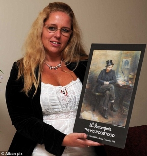 Mandy Cruickshank pictured with a not-yet authenticated portrait of Van Gogh she purchased on an online auction for just £1,500